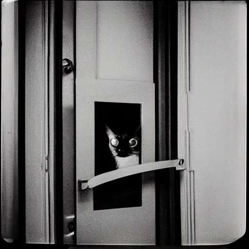 Prompt: wide-shot very low-angle eyesight photo of a mirror door with a reflection of a cat at the street in New York, polaroid photo, by Andy Warhol, signed