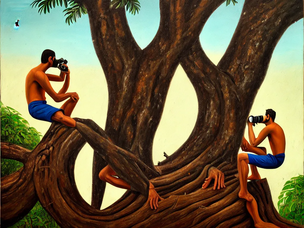 Prompt: painting of one man from brazil, rio de janeiro, sitting on a tree trunk, looking to the left with binoculars, trending on deviantart, ultra realism, sharp focus, neorealism, 4 k, octane, masterpiece, art by candido portinari