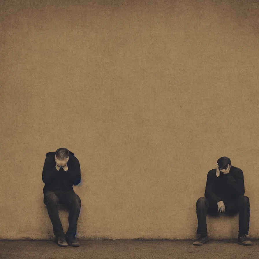 Prompt: cover artwork for a song about boredom and mental health, a man with his head leaned low against the wall, as if exasperated.