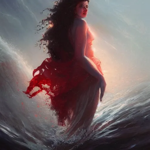 Prompt: a beautiful painting of martina bigg, shining her light across a tumultuous sea of blood by greg rutkowski and thomas kinkade, trending on artstation, eldritch goddess,