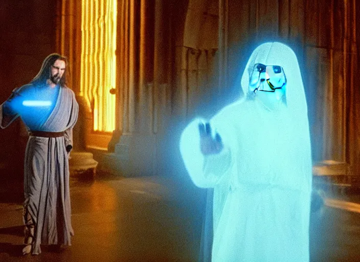 Image similar to screenshot of the force ghost glowing blue spirit of qui gon jinn speaking to Luke skywalker, in a hazy lit ancient Jedi cathedral, screenshot from the 1970s star wars thriller directed by stanley kubrick, Photographed with Leica Summilux-M 24 mm lens, ISO 100, f/8, Portra 400, kodak film, anamorphic lenses