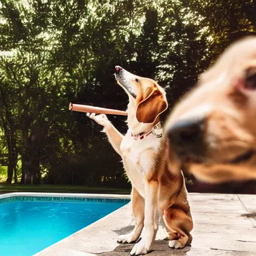 Image similar to a very detailed photo of a dog smoking a cigar outside the mansion by the pool