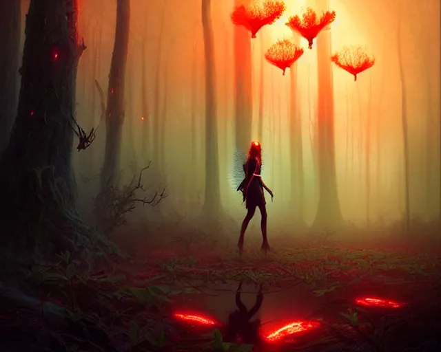 Prompt: portrait of a beautiful fairy woman standing in strange alien forest, glowing fungus, misty, red glowing horizon, fireflies, ultra high definition, ultra detailed, symmetry, sci - fi, dark fantasy, by greg rutkowski and ross tran