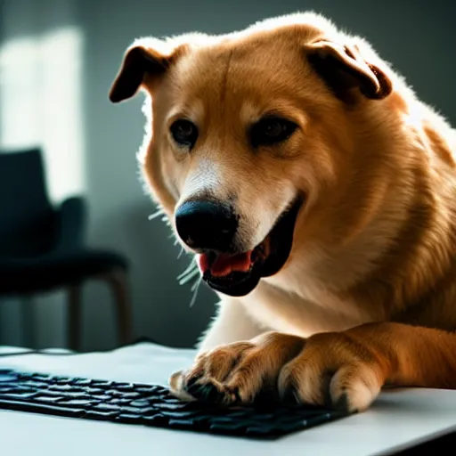 Prompt: barking angry dog typing on keyboard photo dramatic lighting