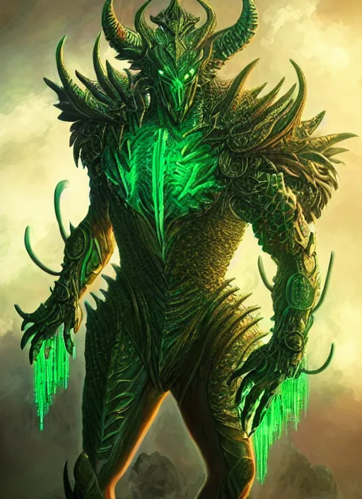 Image similar to muscular and tall green ghostly fire humanoid dragon!!!! draconian!! intricate ornate iridescent heavy armor!! character concept art, sharp focus, octane render! unreal engine 5! highly rendered!! trending on artstation!! detailed linework!! illustration by artgerm, wlop, and chie yoshii