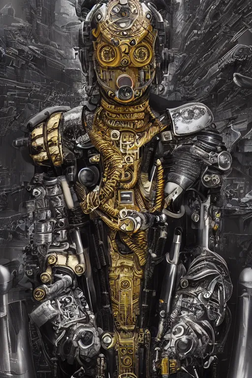 Prompt: Portrait of a dieselpunk sci-fi cyborg ninja, third person, D&D, sci-fi fantasy, pistons and bolts, intricate, black and gold, highly detailed, art by Range Murata, highly detailed, 3d, octane render, bright colors, digital painting, trending on artstation, sharp focus, illustration style of Stanley Artgerm, highly detailed background in a cinematic style
