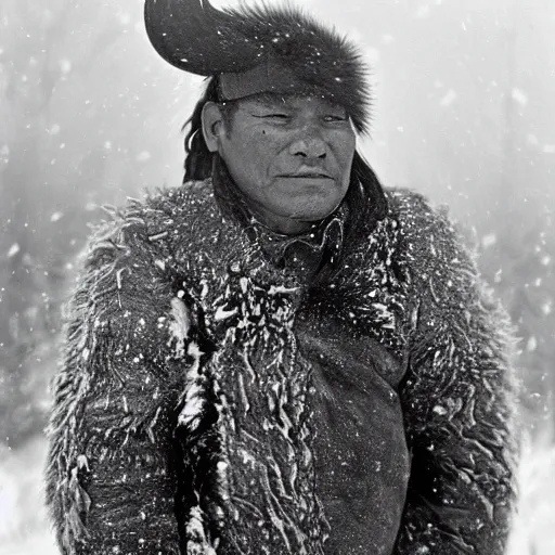 Prompt: a cheyenne tribal man wearing a bison fur coat, hunting bison, in a south dakato snow storm