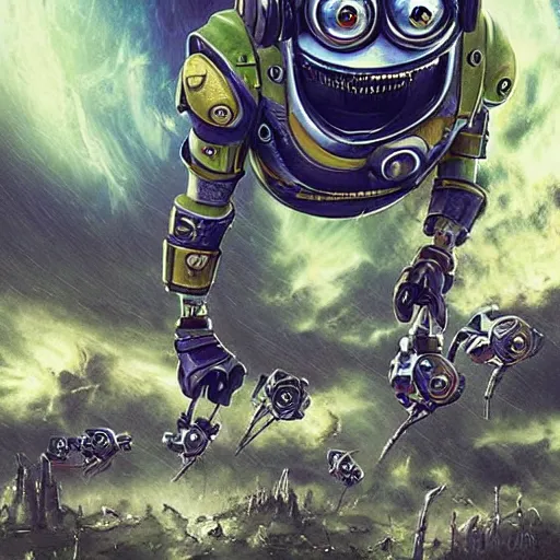 Prompt: Cyborg Minions attack planets, hyper realistic, lots of detail, art by The Minions