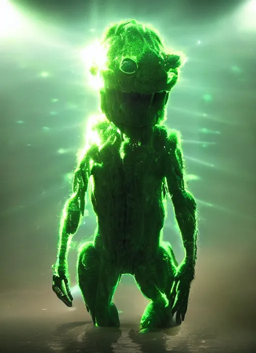 Image similar to a weird humanoid creature is suspended in a tank of dense liquid, weightlessness, tubes coming from the top of the tank connecting to the creature's body, back lit, blinding green glow creates a lens flare, cinematographic