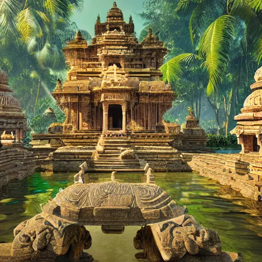 Image similar to 4 k unreal engine render of an ancient never seen before indian high detail temple islands. complex architecture with intricate aetheral pilars. high detailed water. jungle background. afternoon light. hyper realistic render, digital illustration, trending on art station