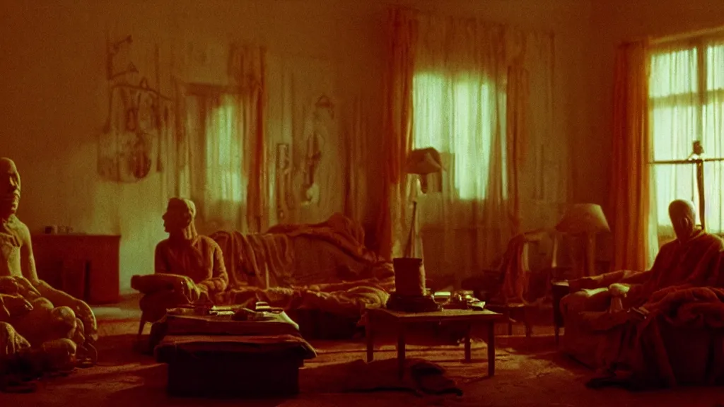 Prompt: the giant hand made of wax waits in the living room, film still from the movie directed by Wes Anderson with art direction by Zdzisław Beksiński, golden hour wide lens