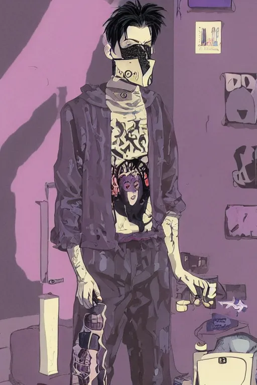 Image similar to a skinny goth guy wearing a face mask standing in a cluttered 9 0 s bedroom, full body character concept art, vaporwave colors, hirohiko araki art, inio asano art,