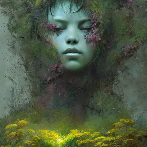 Image similar to a beautiful humanoid monster made out of moss and flowers. ethereal fantasy art by greg rutkowski