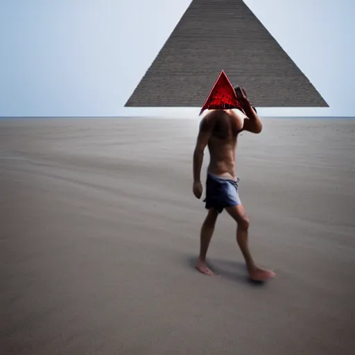 Prompt: pyramid head walking on the beach, realistic