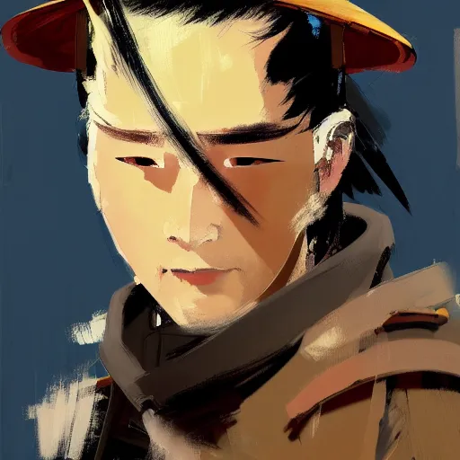 Image similar to ashley wood portrait painting of, a samurai, with mouseketeer hat on, as overwatch character, medium shot, asymmetrical, profile picture, organic painting, dramatic lighting, matte painting, bold shapes, hard edges, 6 0 s french movie poster, french impressionism, palette knife and brush strokes, dutch angle, by huang guangjian and gil elvgren and sachin teng