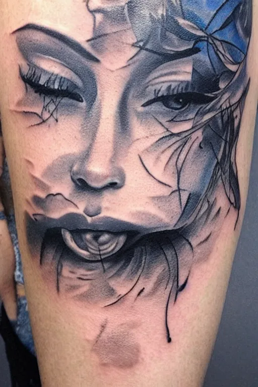 Image similar to tattoo design sketch of a beautiful blue - eyed woman face with a faded background of beautiful mountains and nature on her side, hyper - realistic, in the style of den yakovlev, amazing detail, black and white