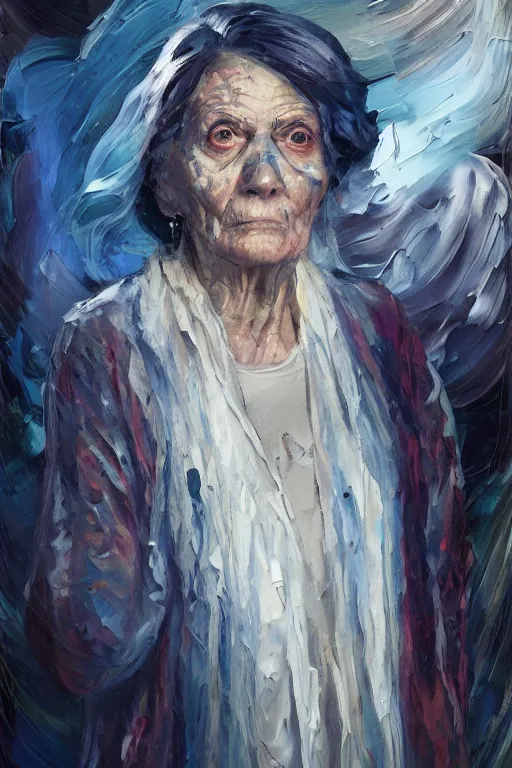 Image similar to palette knife oil painting portrait of ariadne, a mysterious spiritual guide who is a chain smoking old lady in an ashen trench coat. ghost. extreme detail, any racial background, artstation trending, artgerm, deviant art, octane, substance, art history 8 k