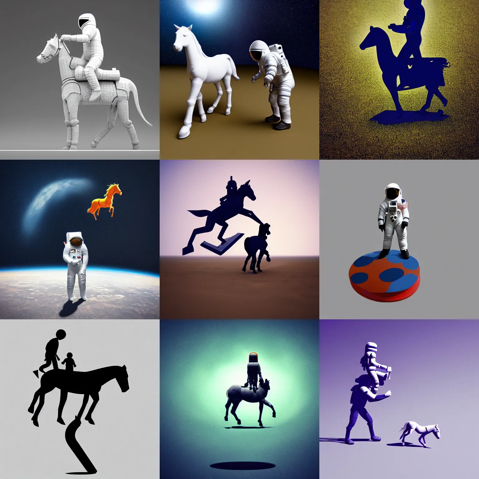 Prompt: an astronaut standing on the ground and a small trippy aggressive falling centaur standing on that poor little human standing on all fours astronaut, trying to ride it, the horse is on his shoulders and grabbing them, minimalist style, 3 d render, isometry