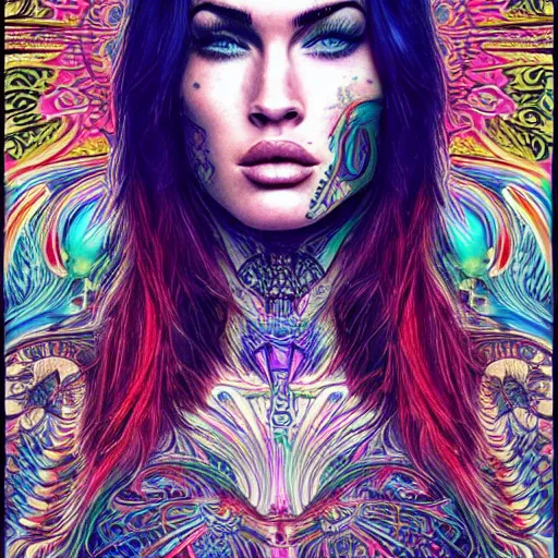 Image similar to an extremely psychedelic portrait of megan fox as mgk, surreal, lsd, face, detailed, intricate, elegant, lithe, highly detailed, digital oth, sharp focus, illustration,