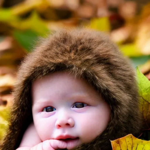 Image similar to award winning hyper realistic photograph of a baby sasquatch portrait hiding in the leaves peering out timidly with with large cute eyes