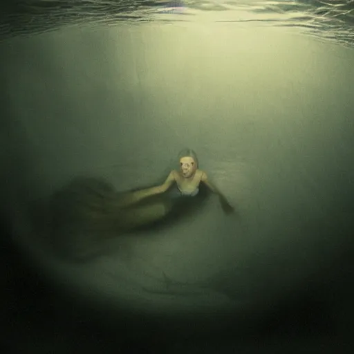 Image similar to sea monster about to eat pov underwater, pale skin, dark yellowish water, foggy water, dark, dramatic,'silent hill ', big eyes, alluring and terrifying, whole body cinematic