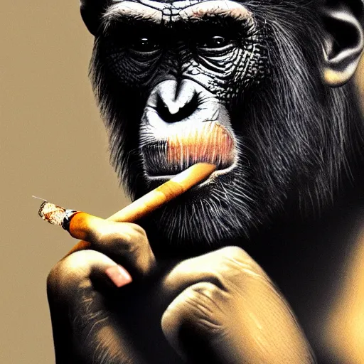 Image similar to a high detail photo of donald trump smoking a cigarrette, subject= chimp, subject detail: extremly detailed, subject action: smoking a cigar, photorealism, dramatic lighting, award winning photograph, trending on artstation