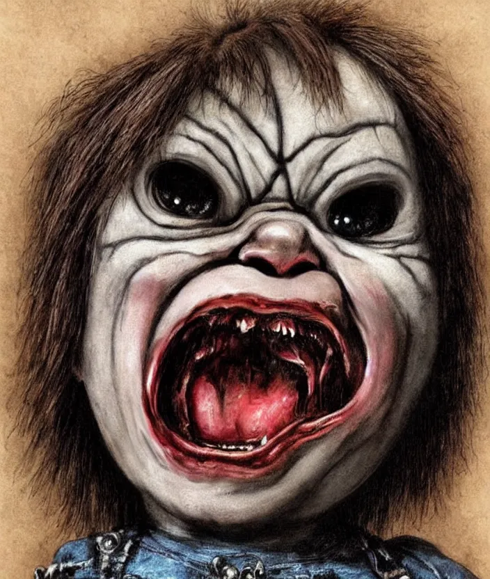 Prompt: gothic screaming chucky doll portrait by william - adolphe bouguerea, highly detailded