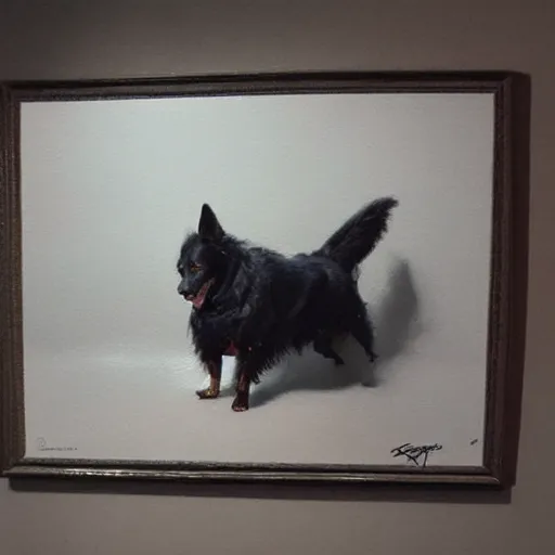 Image similar to a painting of a dog, greg rutkowski, cinematic lighting, hyper realistic painting