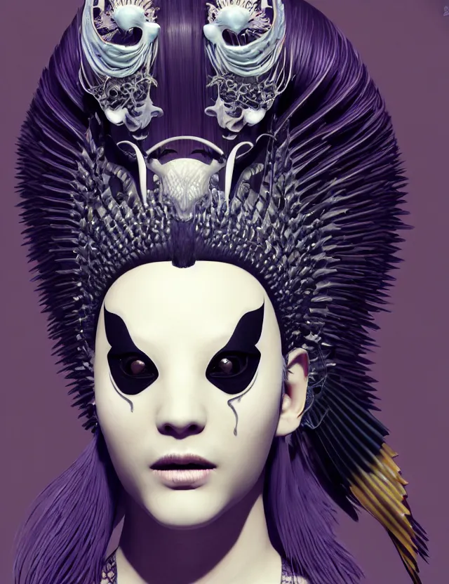 Image similar to 3 d goddess close - up profile simple portrait punk with mohawk with goat skull. beautiful intricately detailed japanese crow kitsune mask and clasical japanese kimono. betta fish, jellyfish phoenix, bio luminescent, plasma, ice, water, wind, creature, artwork by tooth wu and wlop and beeple and greg rutkowski