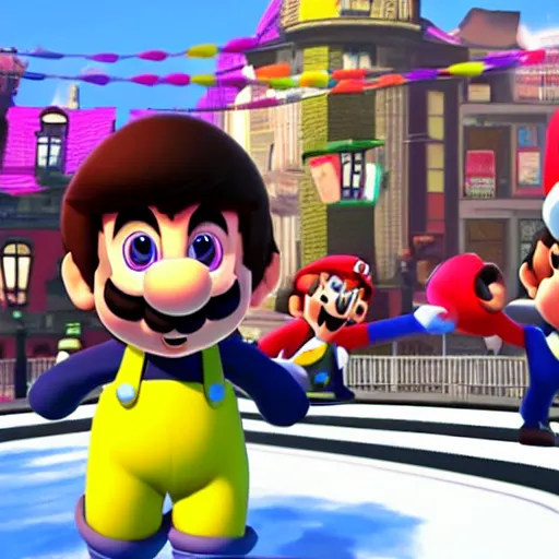 Prompt: The Beatles performing, in Super Mario Odyssey, ingame screenshot