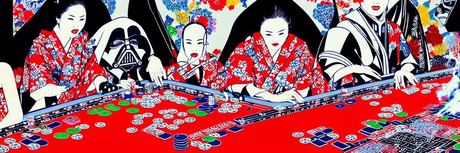 Prompt: hyperrealism composition of the detailed woman in a japanese kimono sitting at an extremely detailed poker table with darth vader and stormtrooper, fireworks on the background, pop - art style, jacky tsai style, andy warhol style, acrylic on canvas