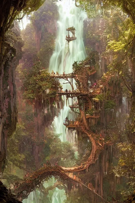 Image similar to a beautiful digital painting of an enormous fairy treehouse, crystal waterfall by greg rutkowski, gerald brom, marc simonetti, jean - baptiste monge, and alphonse mucha, symmetry, complementary colors, ink illustration, trending on artstation