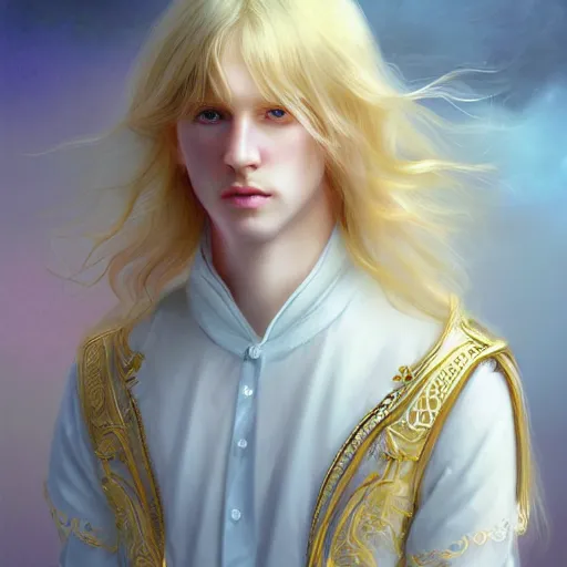 Image similar to Portrait of magical blond prince, very very very very pale white skin, long silky rich golden hair, dreamy and ethereal, pastel blue eyes, peaceful expression, ornate frilly regal shirt, fantasy, intricate, elegant, dynamic lighting, highly detailed, digital painting, artstation, concept art, smooth, sharp focus, illustration, art by artgerm and greg rutkowski and alphonse mucha