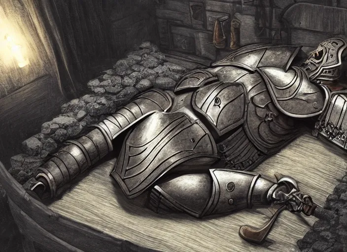 Prompt: a beautiful composition detailed photograph of a dead poisoned armored knight paladin lying in a wooden bed in a cell in a dungeon. strong knight. wooden bed. a rat looking the corpse