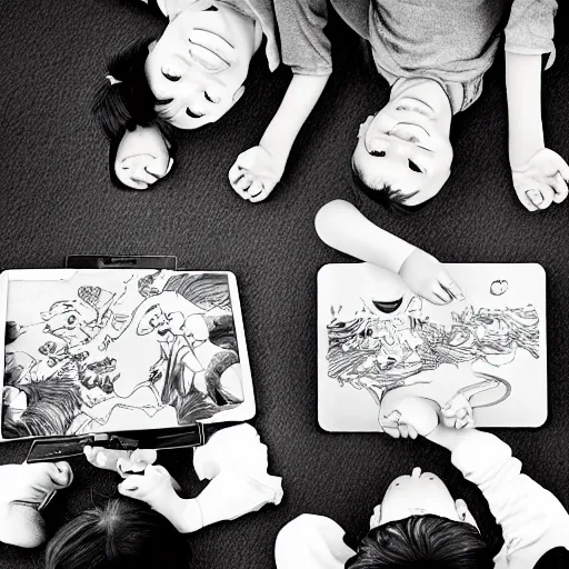 Prompt: four asian kids sitting around each holding a digital tablet, top down view, ink art, ink illustration, black and white, intricate illustration, detailed, top down view