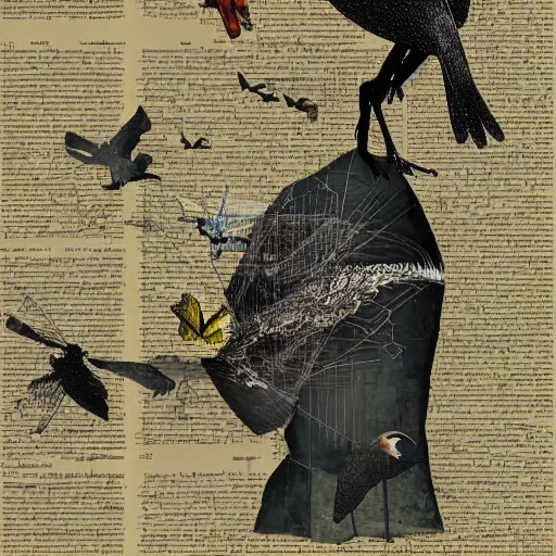 Prompt: a mechanical bird wanders between the virtual realms of urban informatics and computational social science, collage artwork by dave mckean and ivan shishkin and james jean