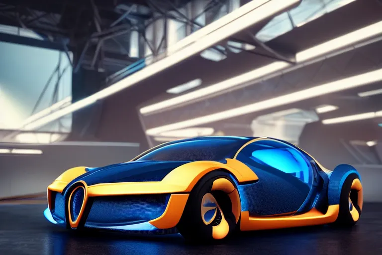 Image similar to cyberpunk bugatti concept inspired sports car, futuristic look, highly detailed body, very expensive, photorealistic camera shot, bright studio setting, studio lighting, crisp quality and light reflections, unreal engine 5 quality render