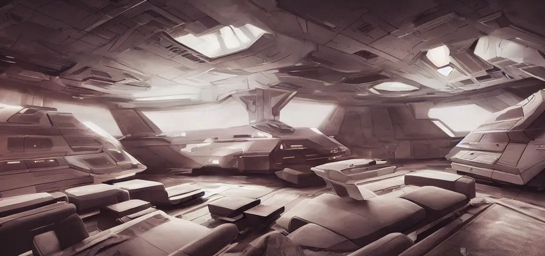 Prompt: realistic cinematic sci - fi mothership interior cabin minimalist design comfortable classy luxury - matte painting masterpiece warm tones quiet