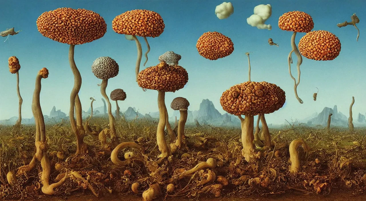 Prompt: a single surreal fungus clear! empty! sky, a high contrast!! ultradetailed photorealistic painting by jan van eyck, audubon, rene magritte, agnes pelton, max ernst, walton ford, andreas achenbach, ernst haeckel, hard lighting, masterpiece