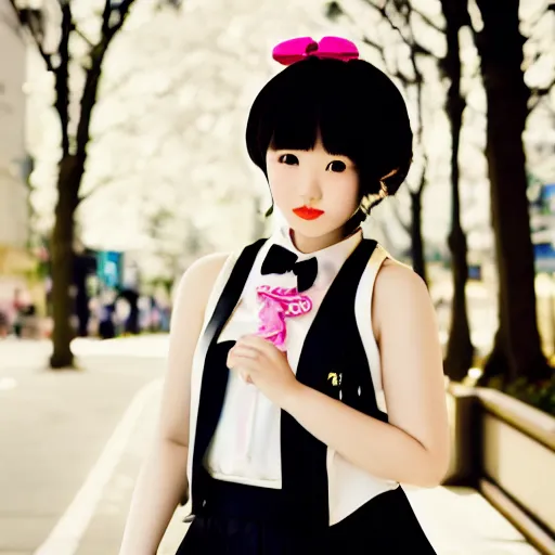 Image similar to photo of a cute Japanese girl wearing tuxedo, kawaii, high depth of field, 4k, 70 mm, sigma lens, reflection, high contrast, saturated