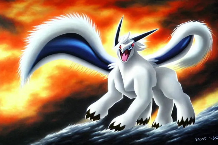 Prompt: a dramatic and detailed oil painting of absol from pokemon and a natural disaster. color manga by wayne reynolds and ken sugimori | absol has white fur, spurs, a sheep's face, each of it's four limbs ends in large paws with three clawed talons, the floof of a white silkie chicken shaped like a sleek edgy wolf