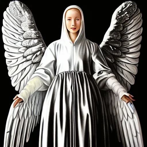 Image similar to highdetailed hyperrealistic painting of white angel!!! no gender smiling noface!!!, light instead of hands, white sparkles everywhere, 4 k hd face!!!, big silver high detailed wings!!!, renaissance, by jan van eyck, holography space, glow effect, large strokes, monochrome!!!!!