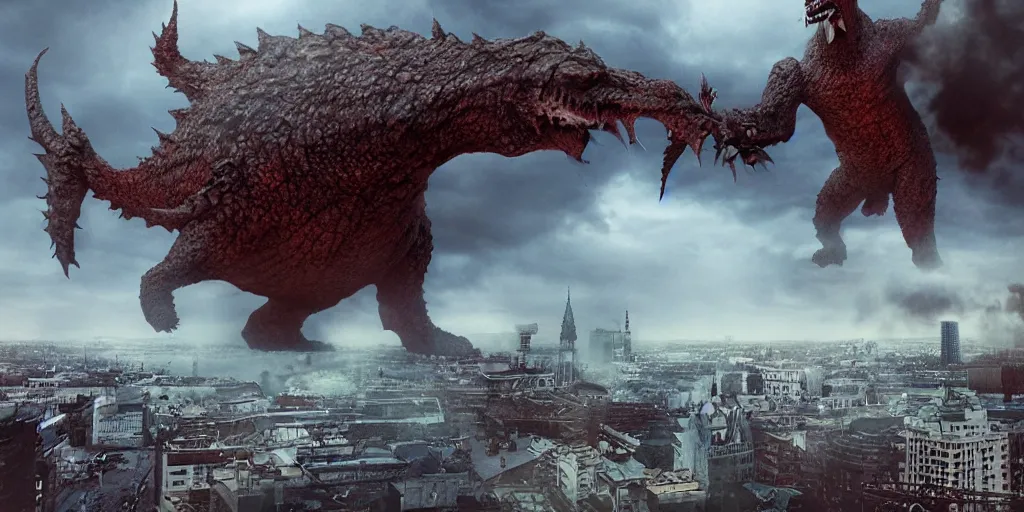 Image similar to kaiju attack in budapest photography realistic, detailed, cinematic artstation