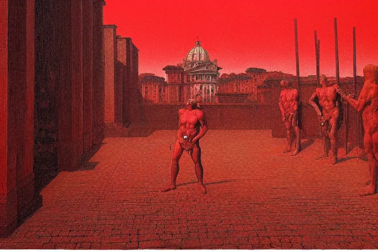 Image similar to only with red, caesar after war, a red tiger, in hoc signo vinces, rome in background, an ancient path, in the style of beksinski, part by hopper, part by rodcenko, part by hofbauer, intricate composition, red by caravaggio, insanely quality, highly detailed, masterpiece, red light, artstation