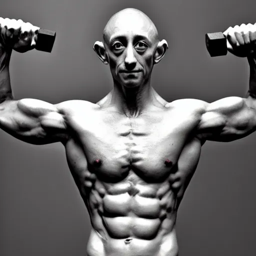 Prompt: Dobby is a jacked muscle builder gigachad, grayscale photography