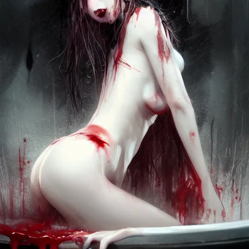 Prompt: photography of beautiful female vampire bathing a bathtub of blood, concept art by greg rutkowski and luis royo, dark and eloquent environment, highly detailed portrait, digital painting, artstation, concept art, smooth, sharp focus illustration, artstation hd