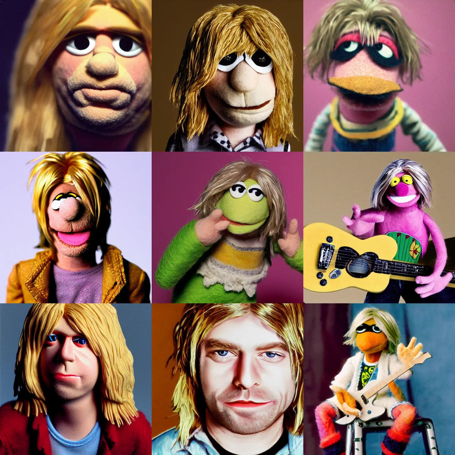 Prompt: kurt cobain as a muppet. highly detailed felt. hyper real photo. 4 k.