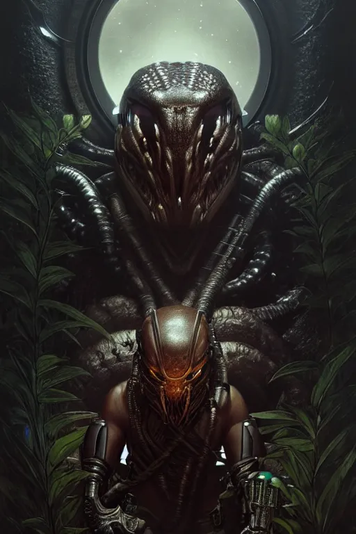 Image similar to ultra realistic, predator watches from within a dark room, sci - fi, intricate details, eerie, highly detailed, octane render, 8 k, art by artgerm and alphonse mucha and greg rutkowski