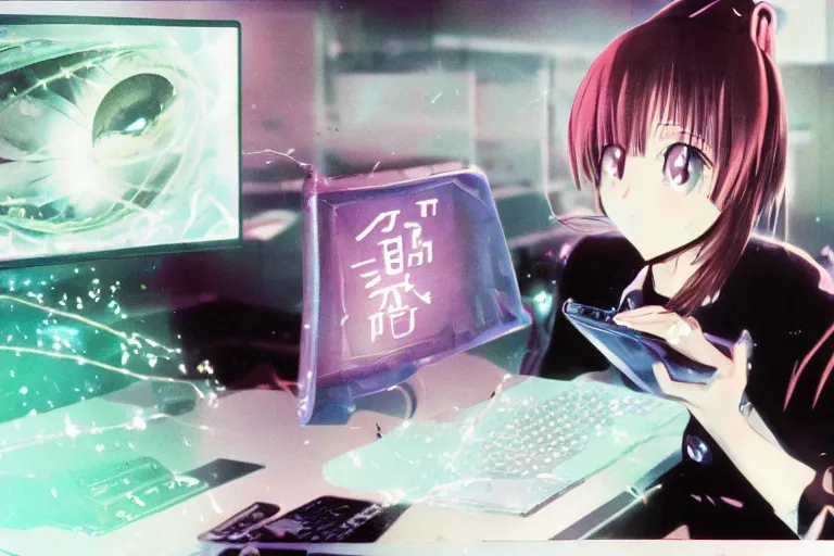 Prompt: anime alien using a computer to check her email submerged in translucent goo, over the shoulder perspective, in 1 9 8 5, y 2 k cybercore, industrial low - light photography, still from a kiyoshi kurosawa movie