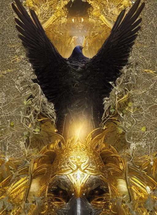 Image similar to best book cover design, glowing silver and golden elements, full close-up portrait of realistic crow with gems, book cover, green forest, white moon, establishing shot, extremly high detail, photo-realistic, cinematic lighting, by Yoshitaka Amano, Ruan Jia, Kentaro Miura, Artgerm, post processed, concept art, artstation, matte painting, style by eddie mendoza, raphael lacoste, alex ross